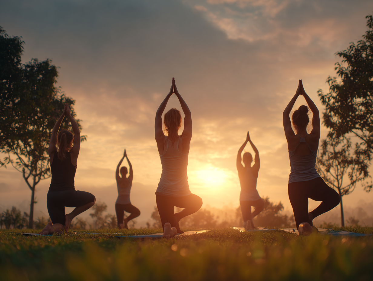 Група людей різного віку практикує йогу на природі